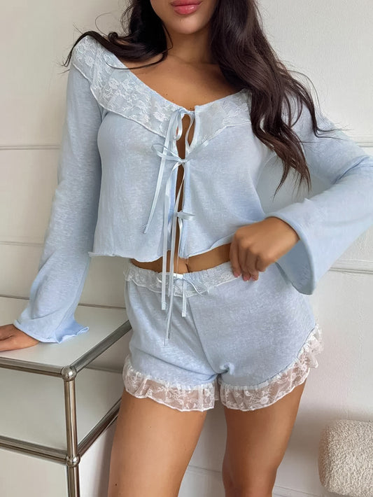 Blue Lace-Trim Tie-Front Lounge Set