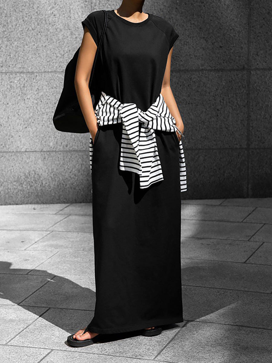 Black Relaxed Knit Maxi Dress with Side Slit