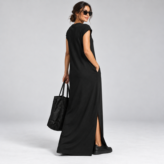 Black Relaxed Knit Maxi Dress with Side Slit