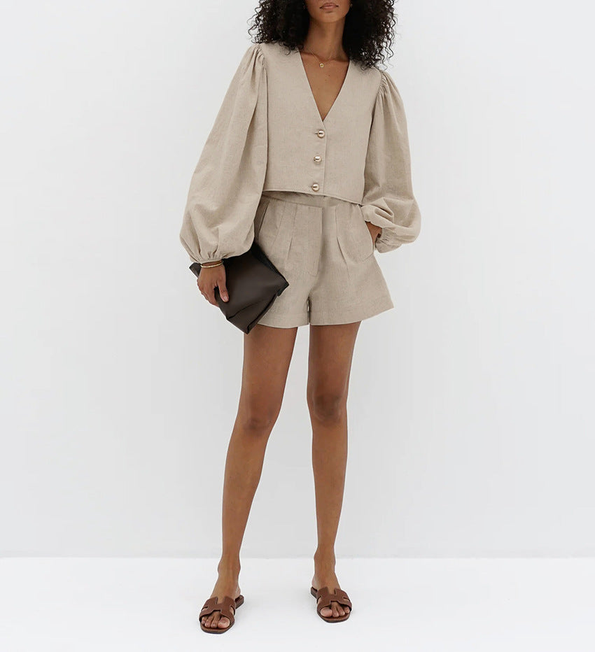 Khaki Cotton-Linen V-Neck Puff Sleeve Shorts Set