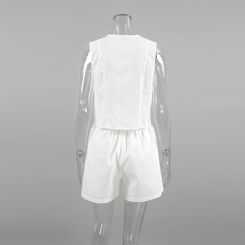 Blue Linen-Look Vest & Shorts Two-Piece Set