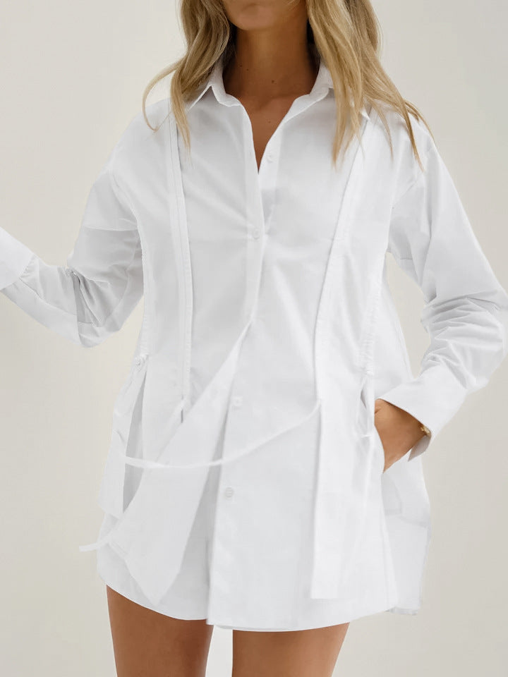 White Tie-Detail Shirt & Shorts Two-Piece Set
