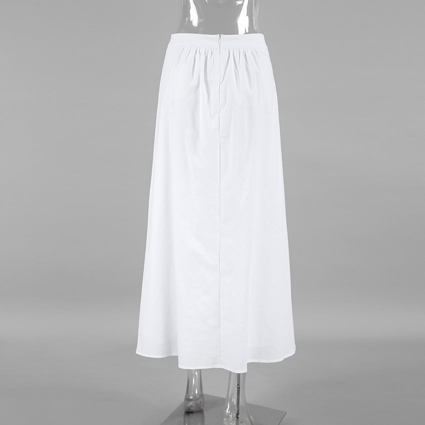 White Cotton-Linen High-Waist A-Line Maxi Skirt