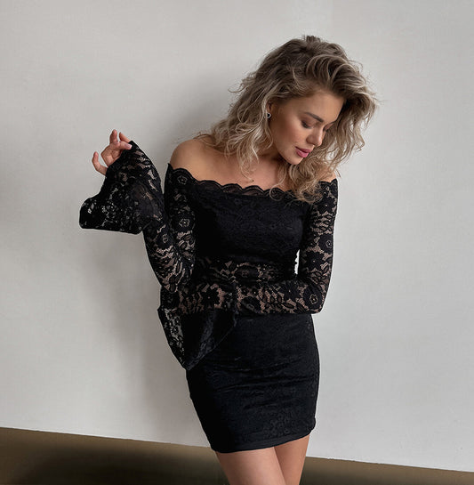 Black Lace Off-Shoulder Bodycon Mini Dress