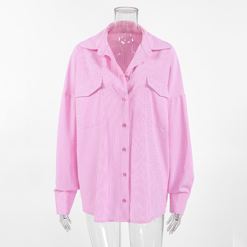 Pink Striped Oversized Button-Up Shirt