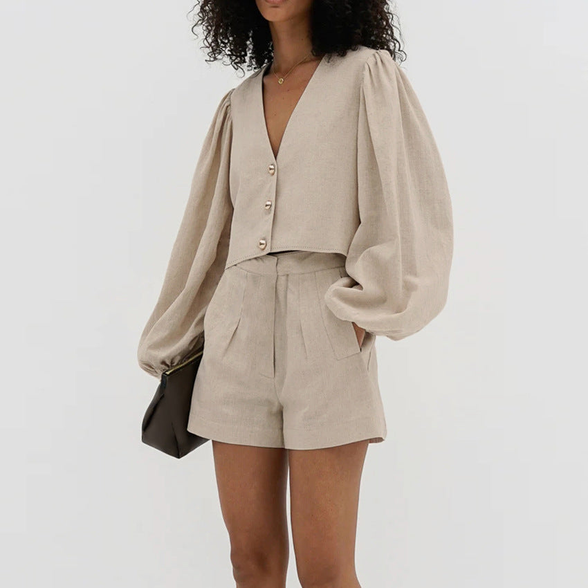 Khaki Cotton-Linen V-Neck Puff Sleeve Shorts Set