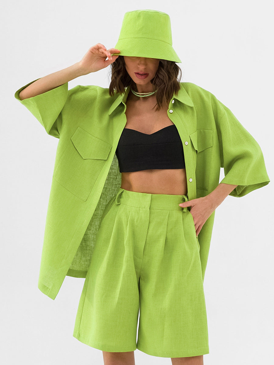 Lime Green Oversized Shirt & Shorts Two-Piece Set