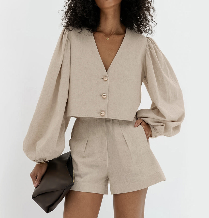 Khaki Cotton-Linen V-Neck Puff Sleeve Shorts Set
