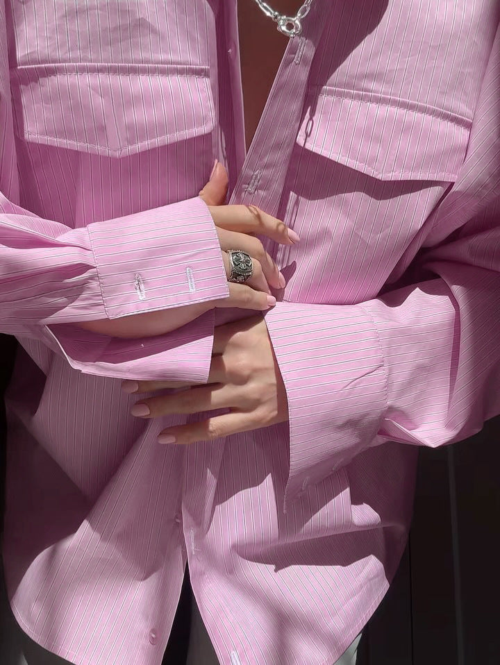 Pink Striped Oversized Button-Up Shirt
