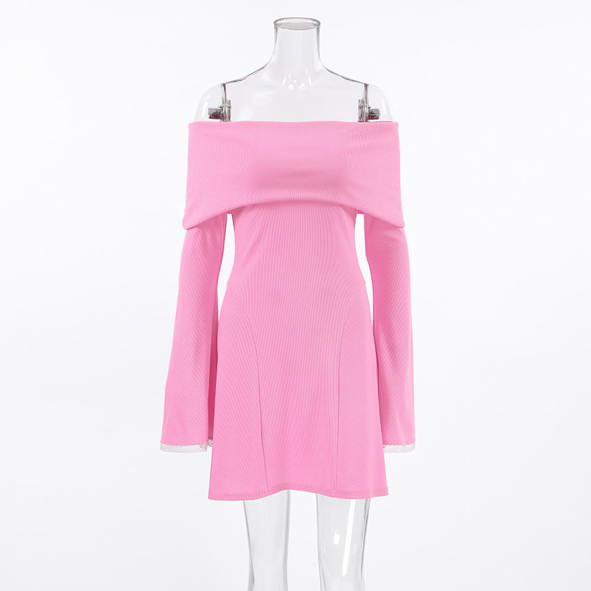 Pink Off-Shoulder Bell Sleeve Knit Mini Dress