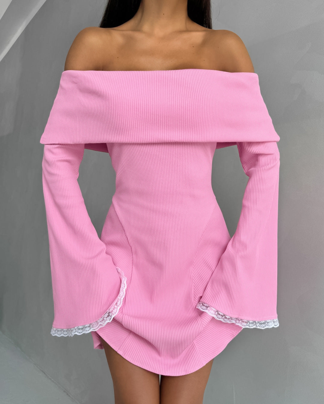 Pink Off-Shoulder Bell Sleeve Knit Mini Dress