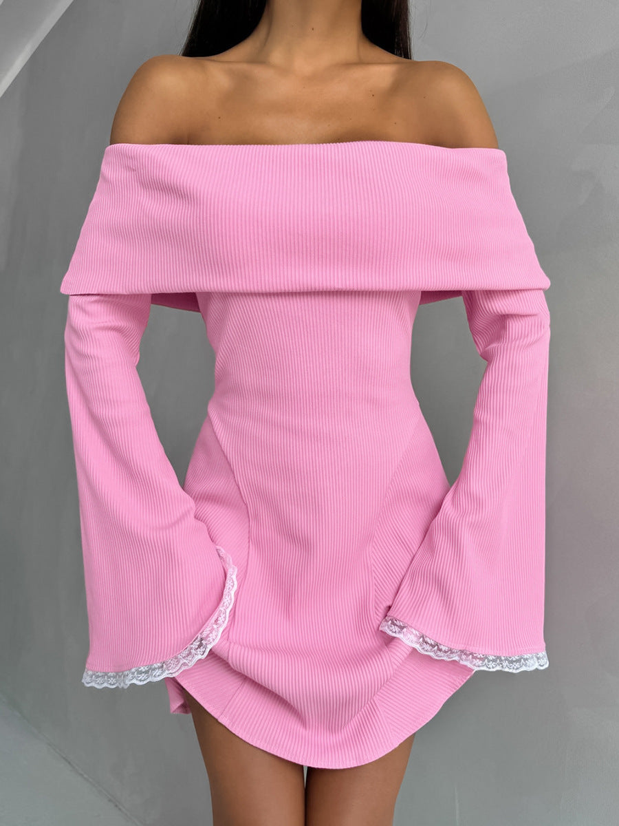 Pink Off-Shoulder Bell Sleeve Knit Mini Dress