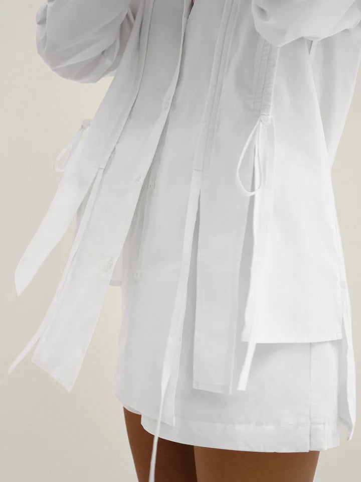 White Tie-Detail Shirt & Shorts Two-Piece Set