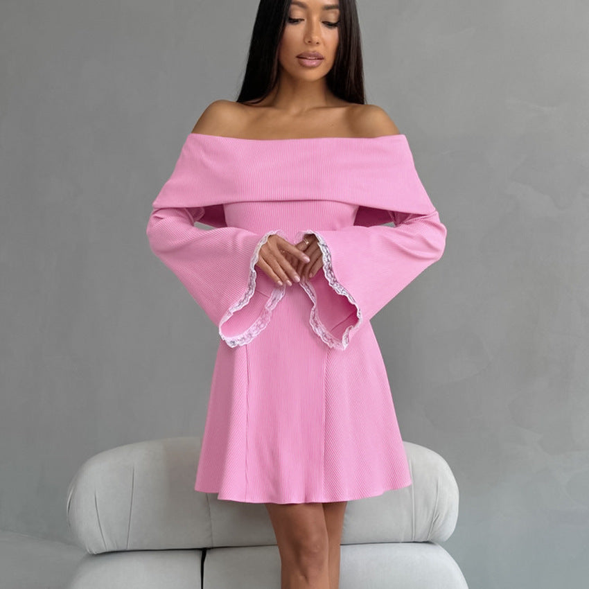 Pink Off-Shoulder Bell Sleeve Knit Mini Dress
