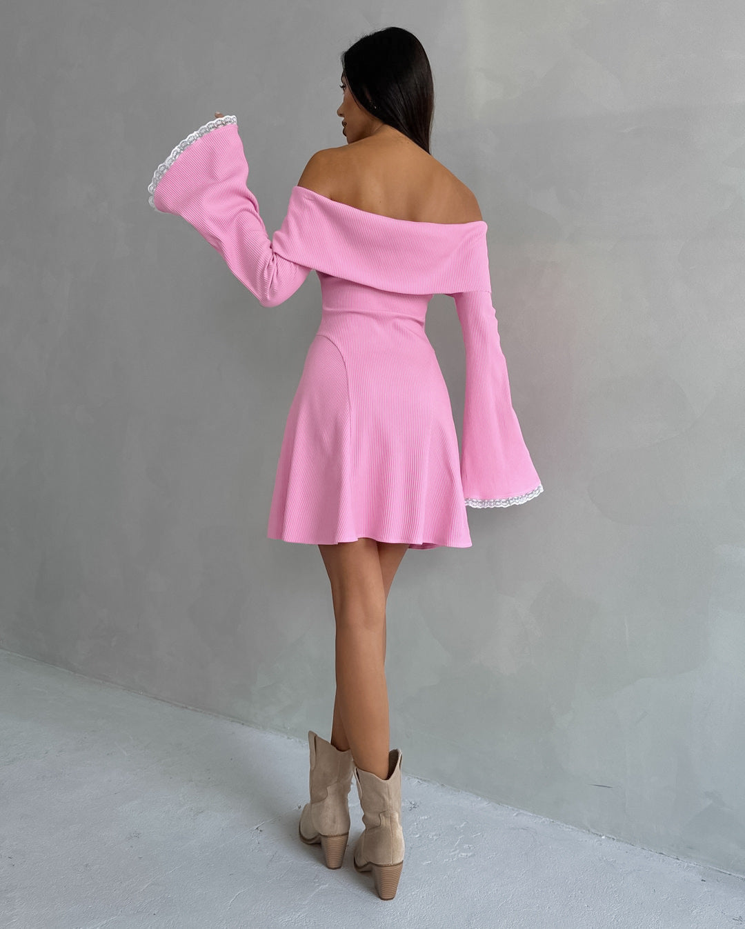 Pink Off-Shoulder Bell Sleeve Knit Mini Dress