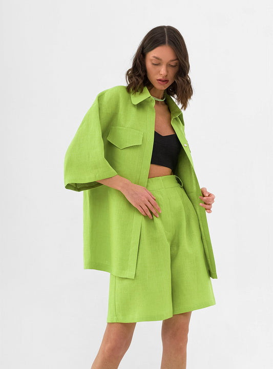 Lime Green Oversized Shirt & Shorts Two-Piece Set