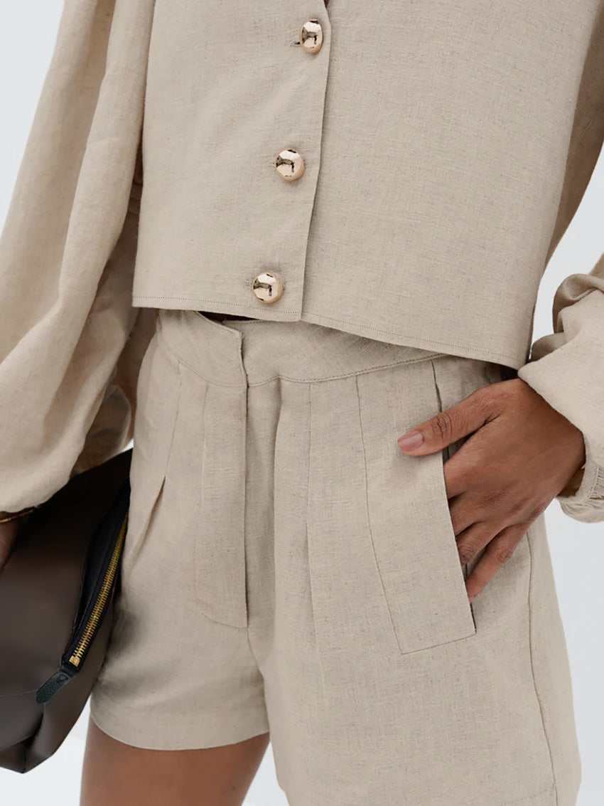 Khaki Cotton-Linen V-Neck Puff Sleeve Shorts Set