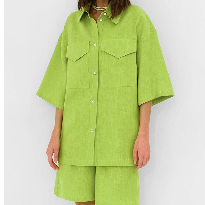 Lime Green Oversized Shirt & Shorts Two-Piece Set