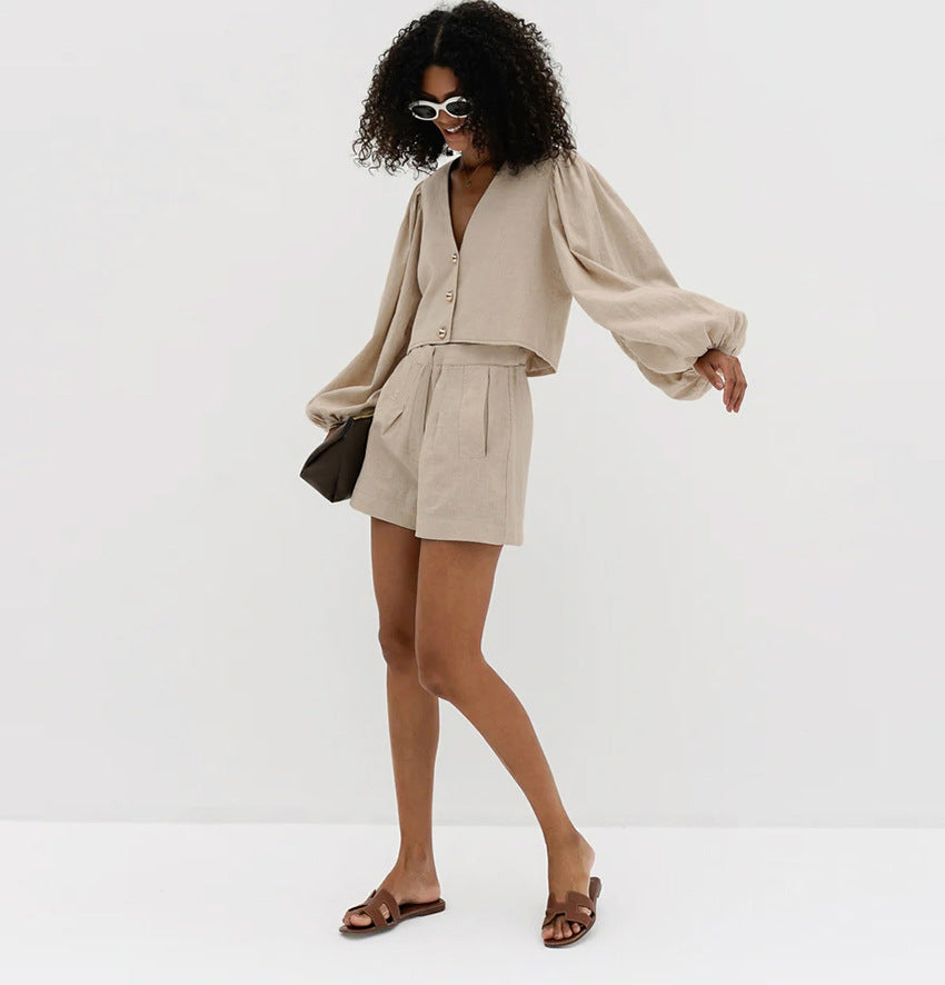 Khaki Cotton-Linen V-Neck Puff Sleeve Shorts Set