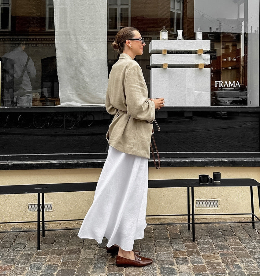 White Cotton-Linen High-Waist A-Line Maxi Skirt
