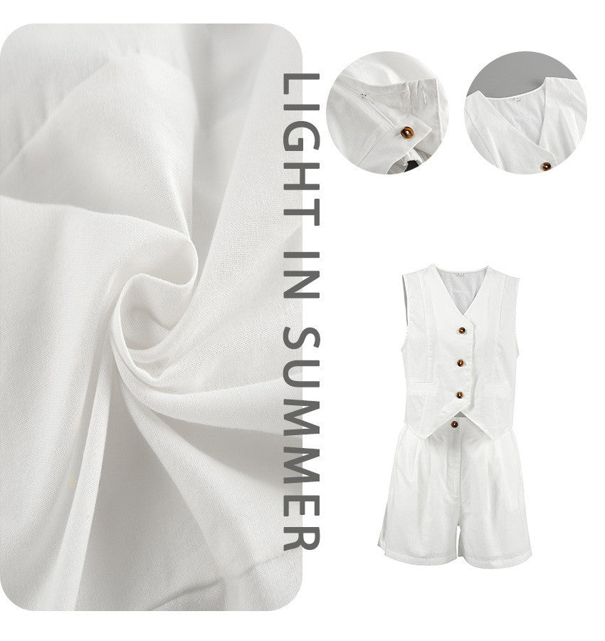 Blue Linen-Look Vest & Shorts Two-Piece Set
