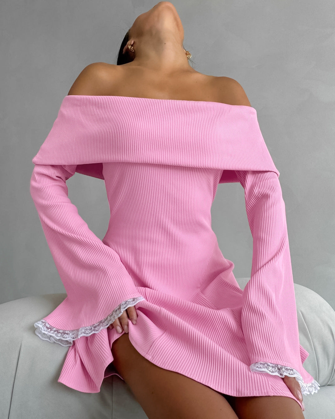 Pink Off-Shoulder Bell Sleeve Knit Mini Dress