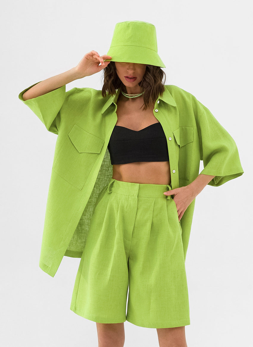 Lime Green Oversized Shirt & Shorts Two-Piece Set
