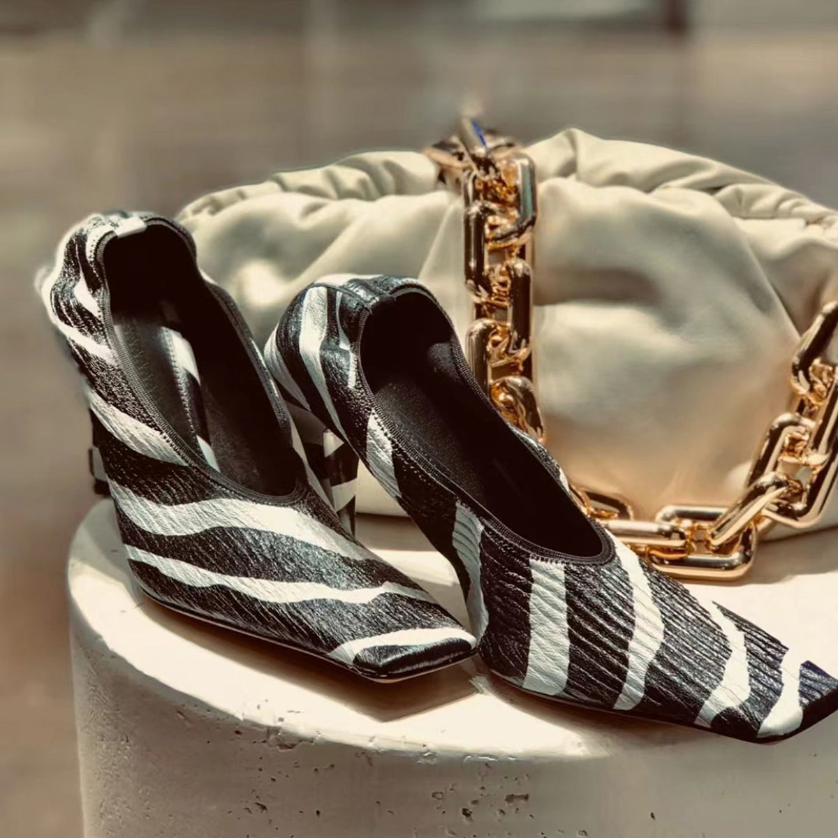 Zebra-Print Square-Toe Statement Heels