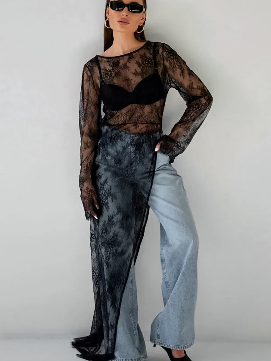 Sheer Lace Long-Sleeve Top