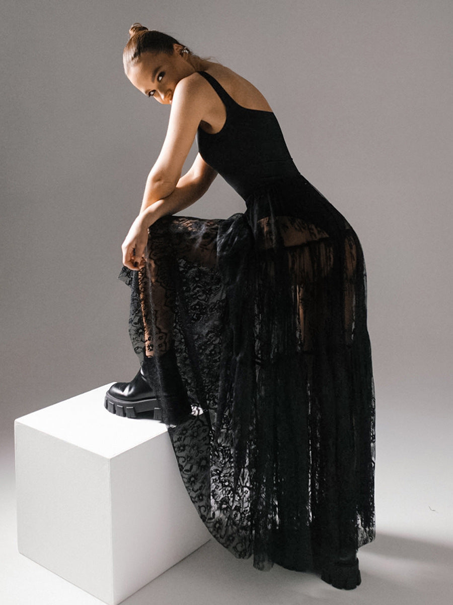 Retro Lace See-Through Maxi Skirt