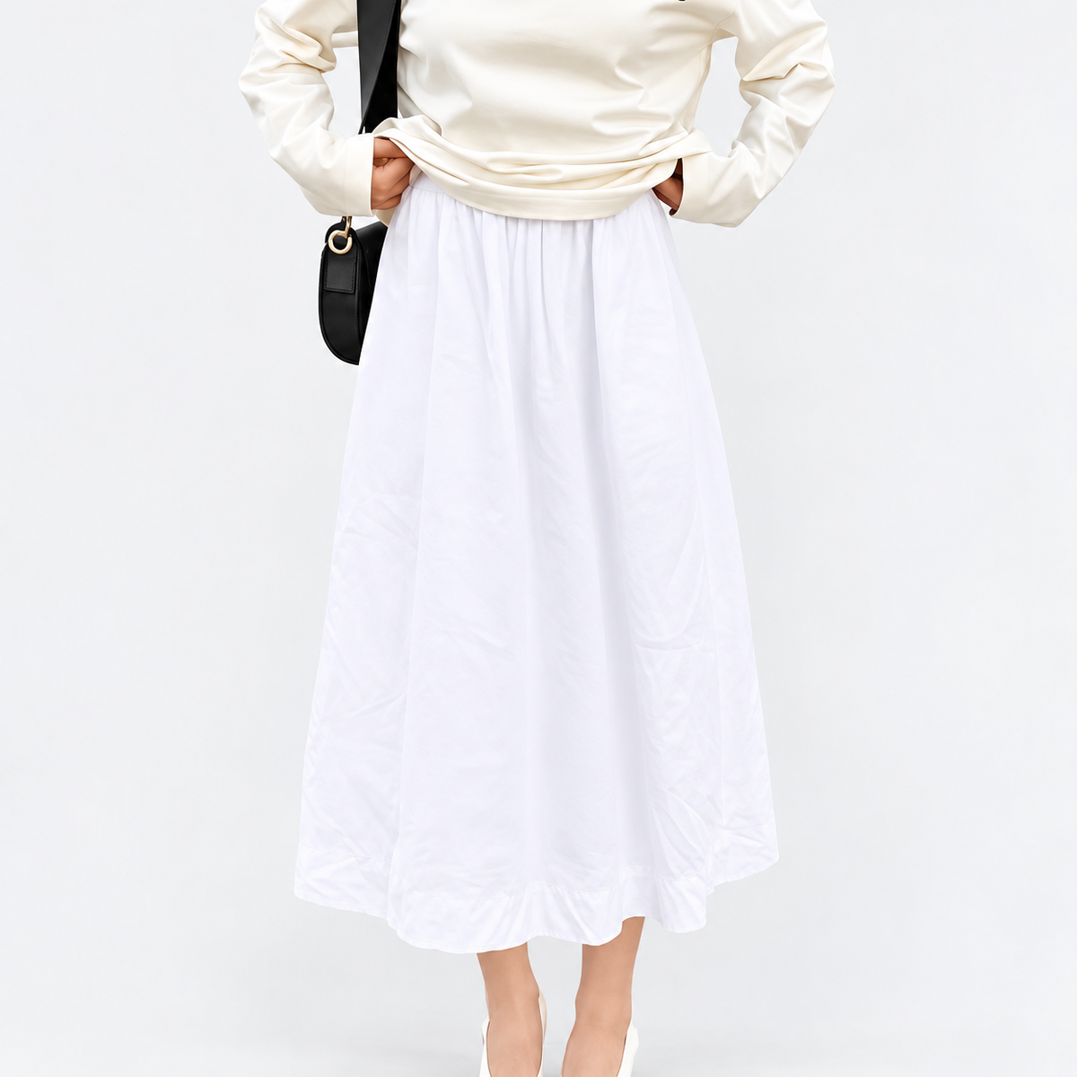White Cotton-Linen High-Waist A-Line Maxi Skirt