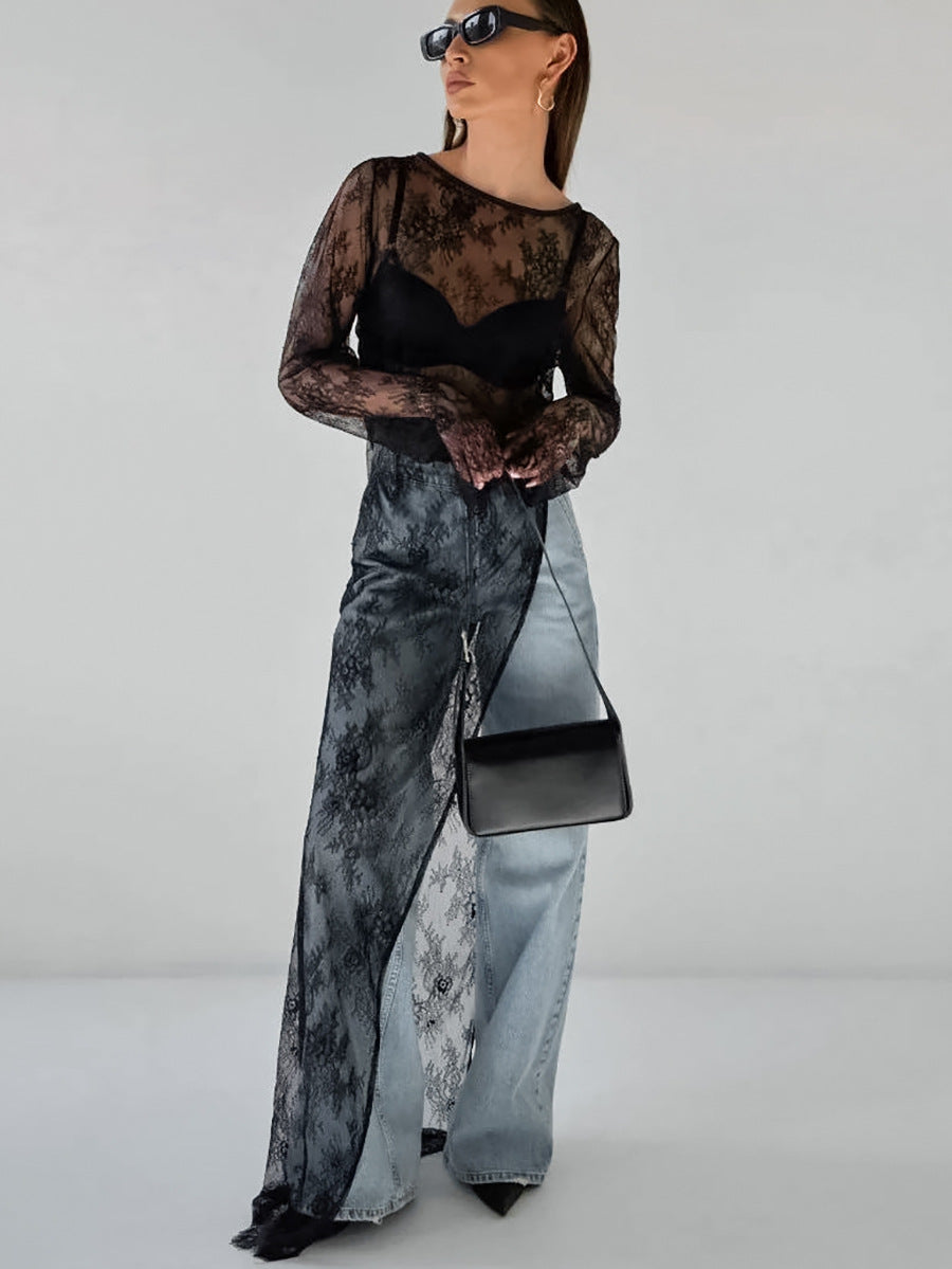 Sheer Lace Long-Sleeve Top