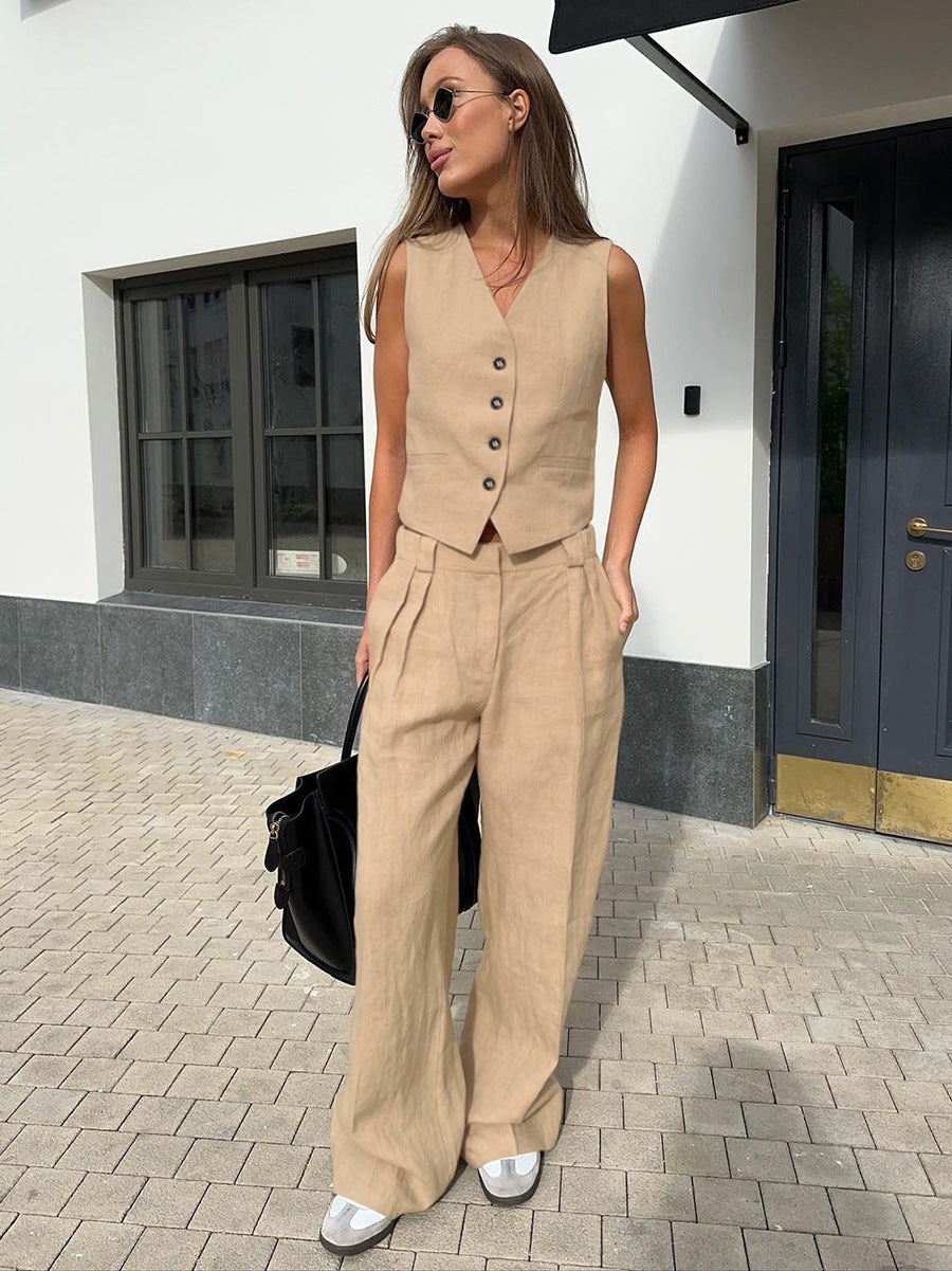 Stone Linen Vest & Wide-Leg Set