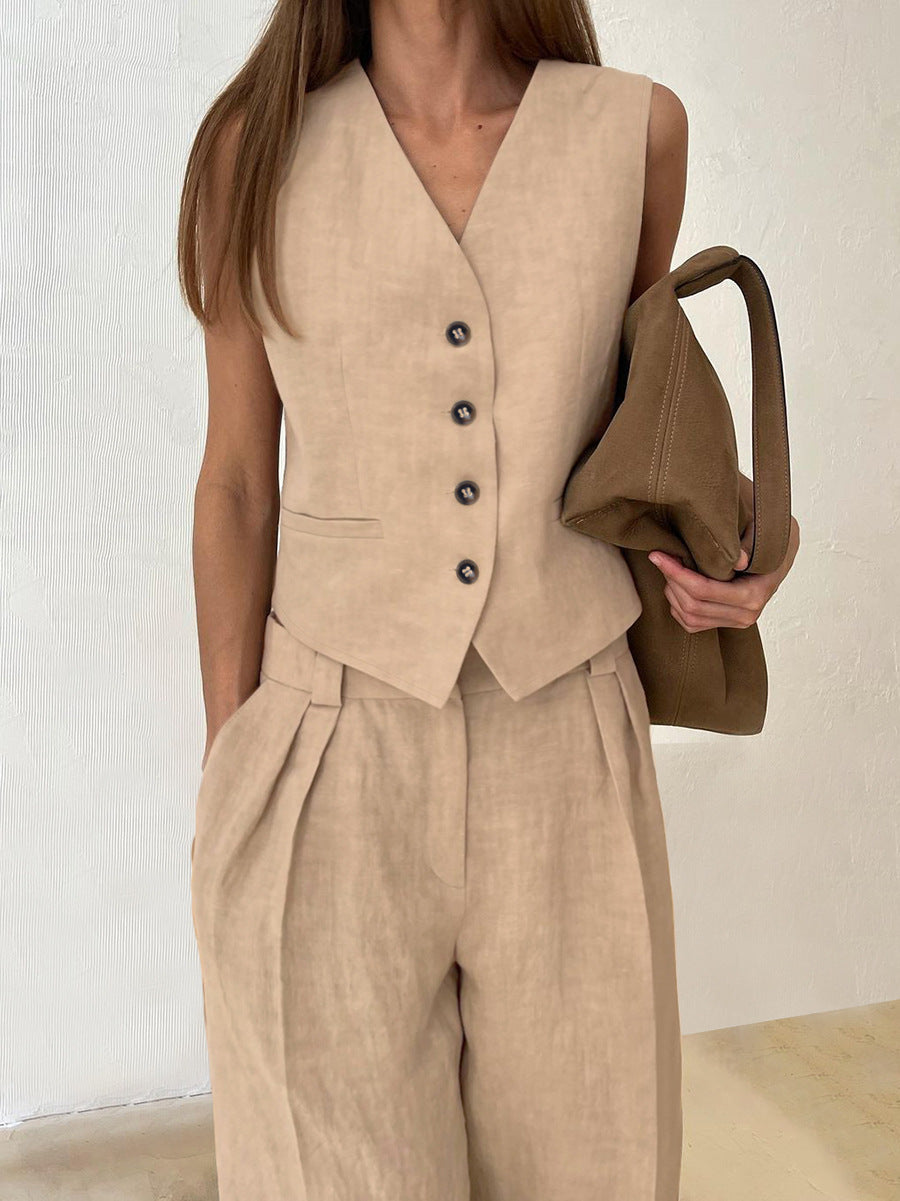Stone Linen Vest & Wide-Leg Set