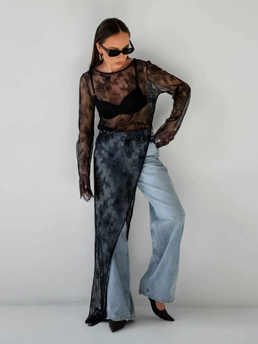 Sheer Lace Long-Sleeve Top