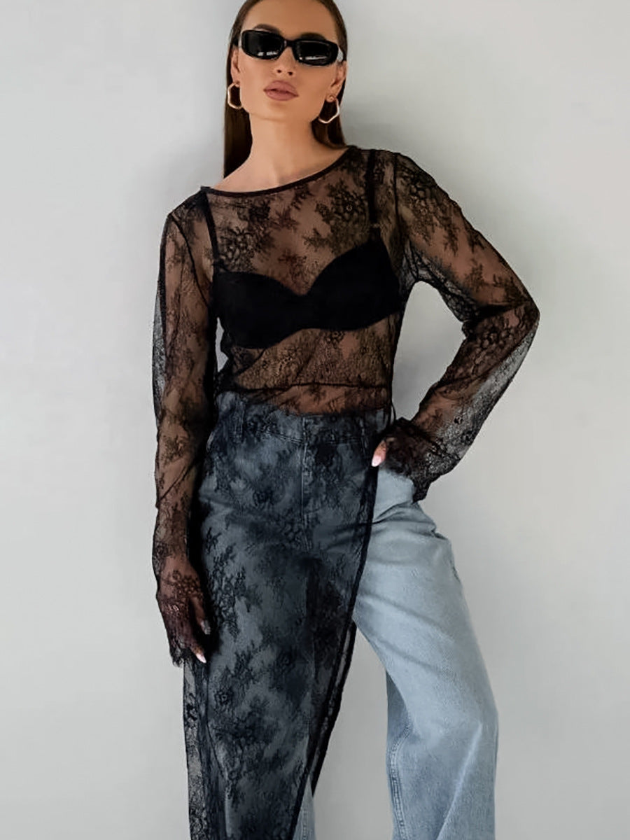 Sheer Lace Long-Sleeve Top