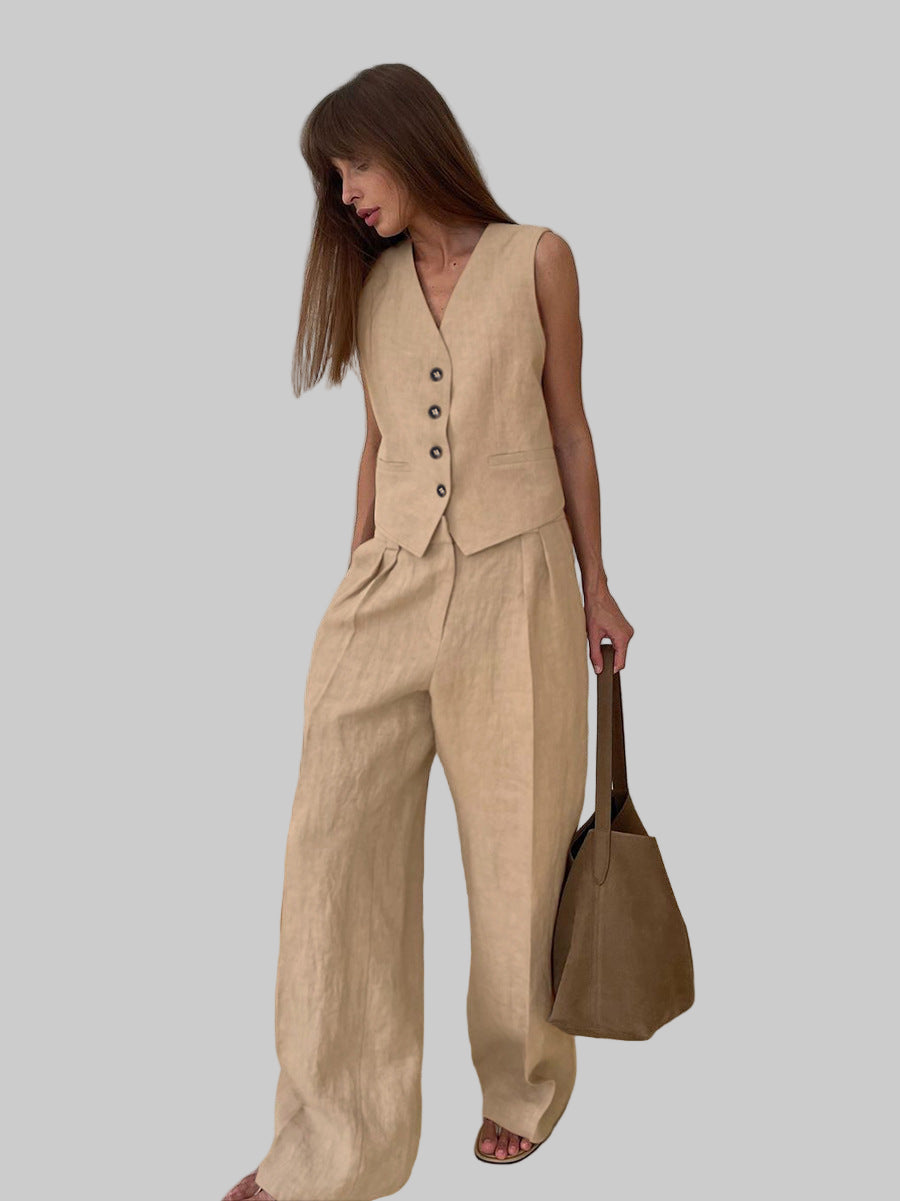 Stone Linen Vest & Wide-Leg Set