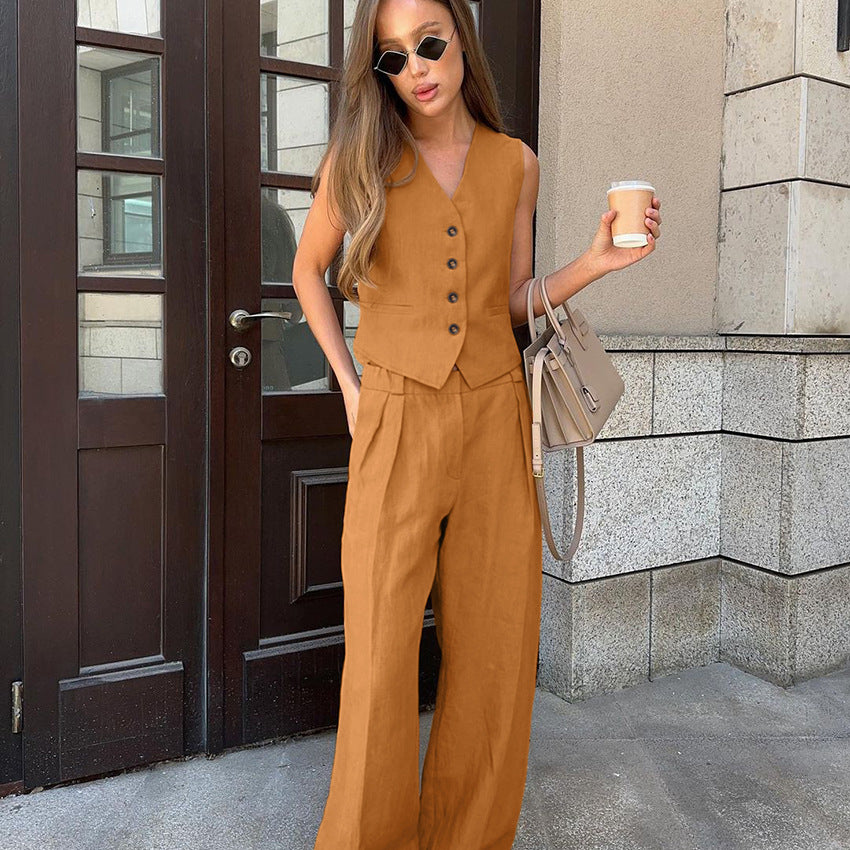 Stone Linen Vest & Wide-Leg Set