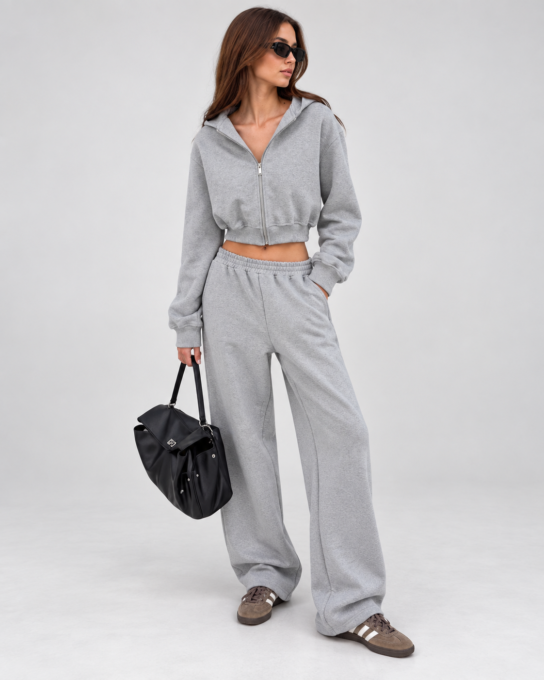 Grey Cropped Hoodie & Wide-Leg Jogger Two-Piece Set