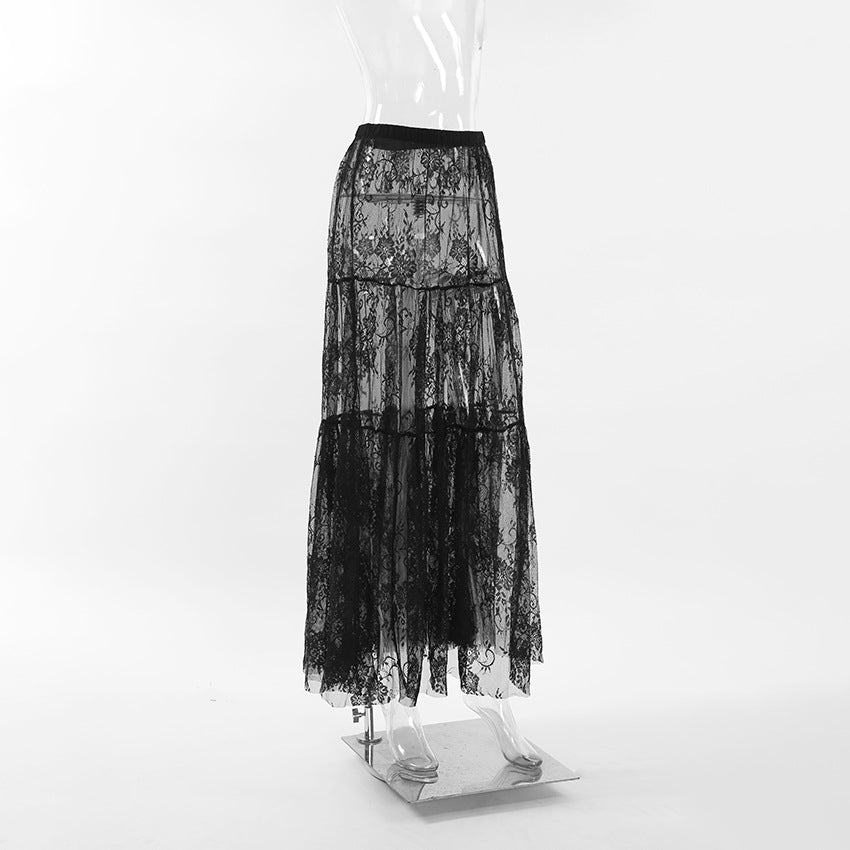 Retro Lace See-Through Maxi Skirt