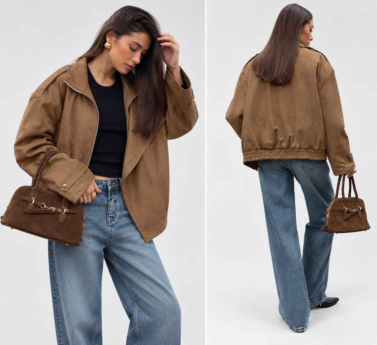 Khaki Faux Suede Oversized Jacket
