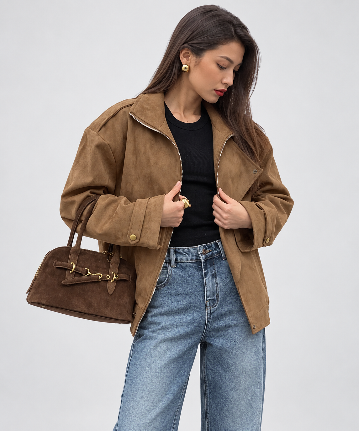 Khaki Faux Suede Oversized Jacket