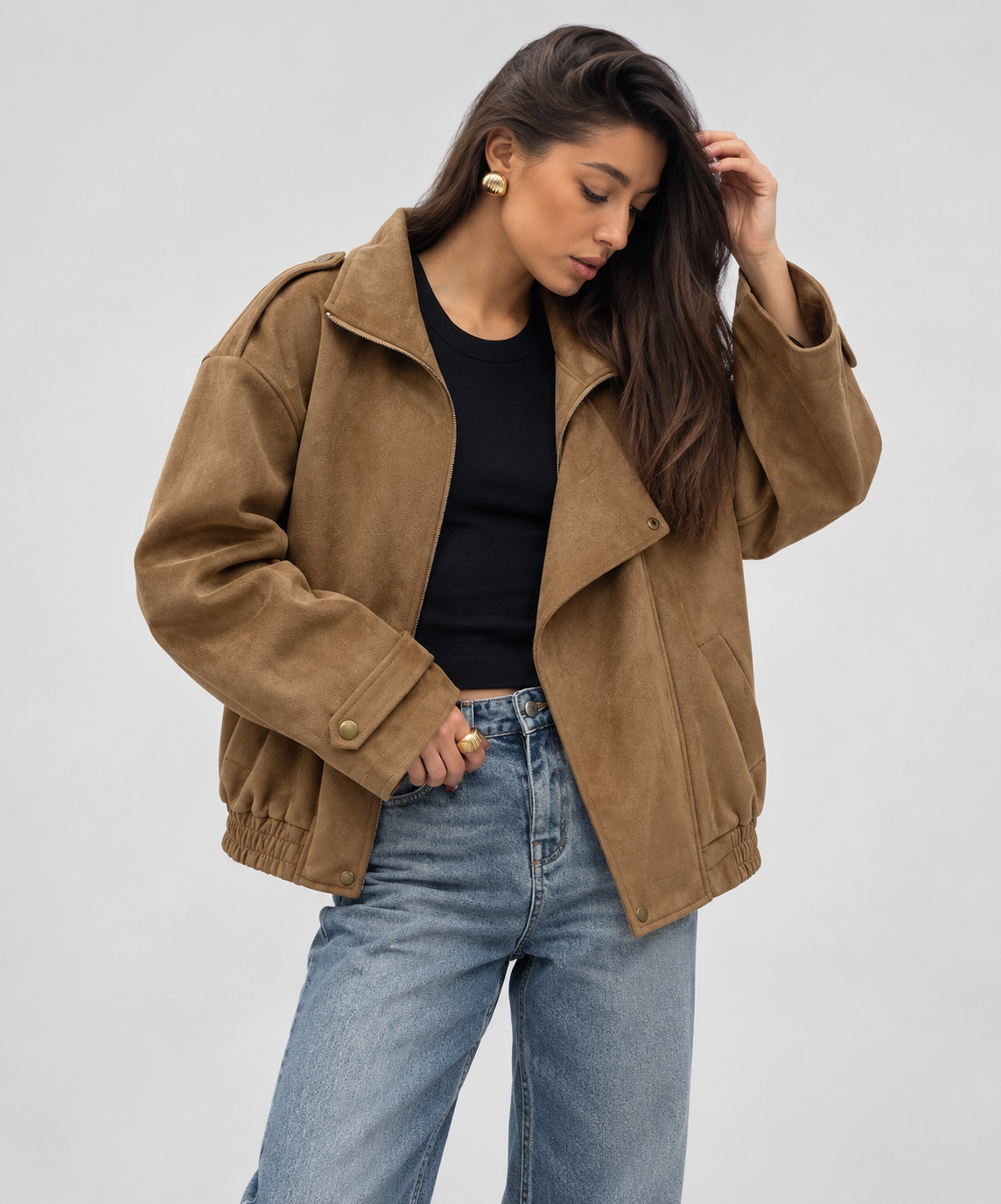 Khaki Faux Suede Oversized Jacket