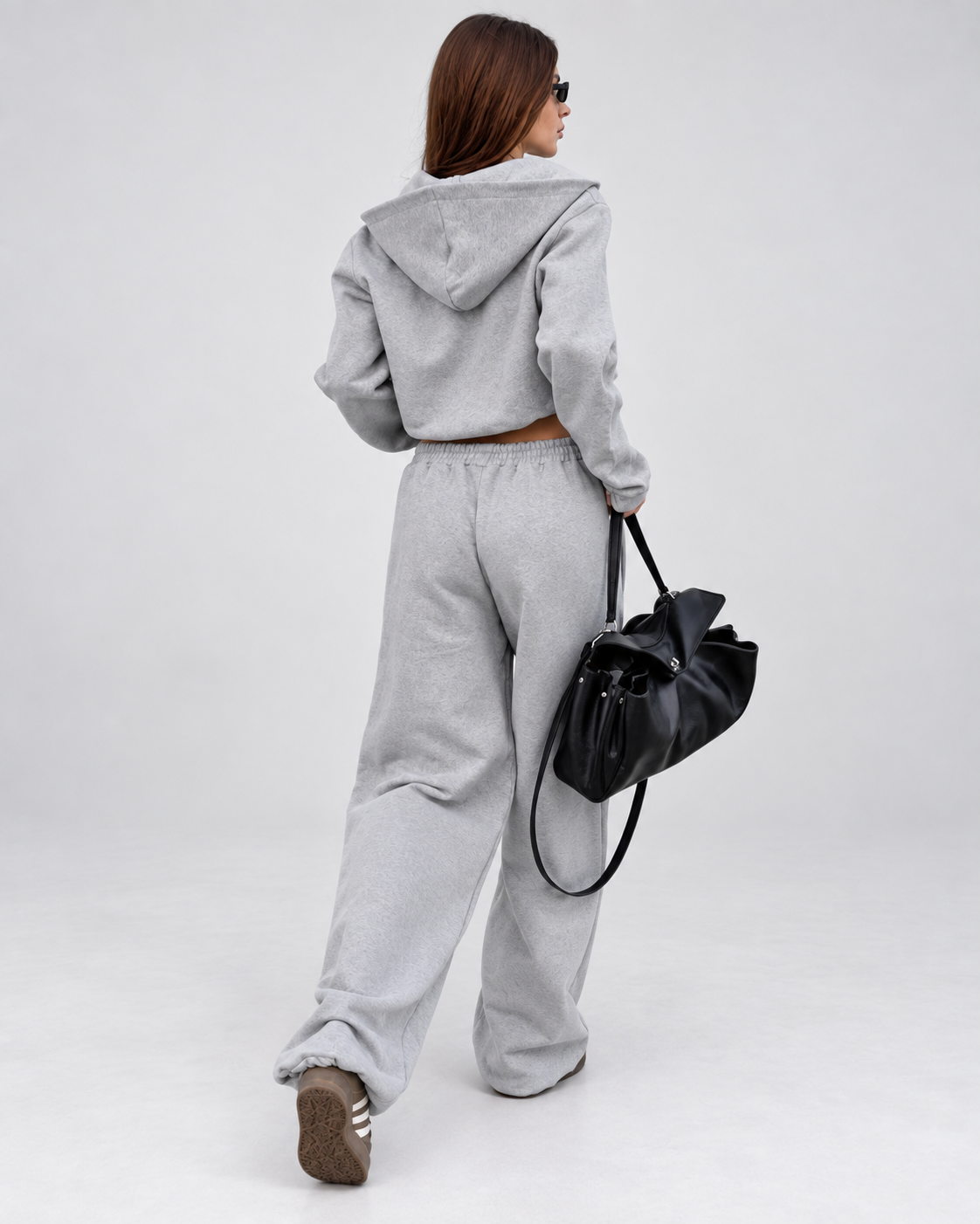 Grey Cropped Hoodie & Wide-Leg Jogger Two-Piece Set