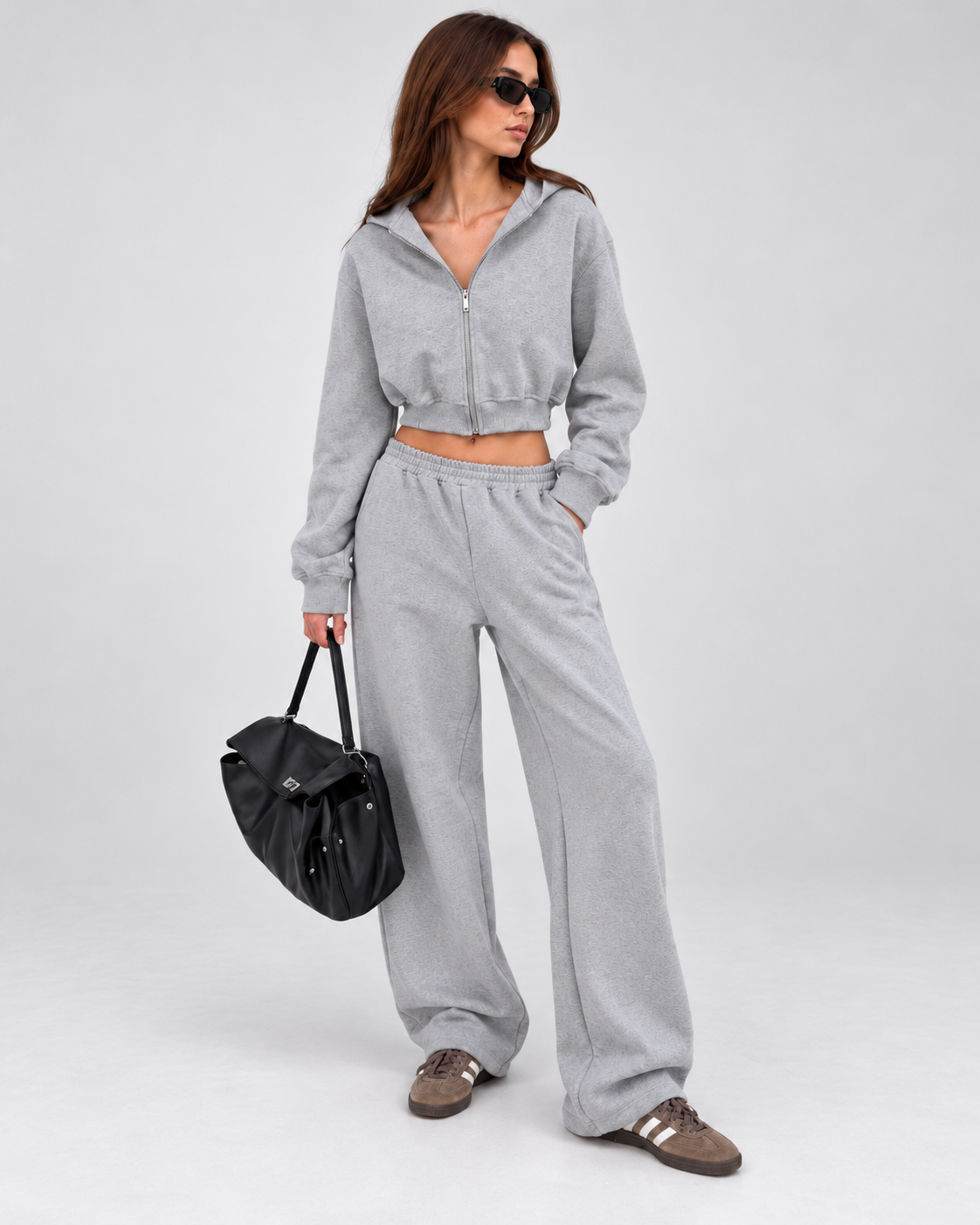 Grey Cropped Hoodie & Wide-Leg Jogger Two-Piece Set