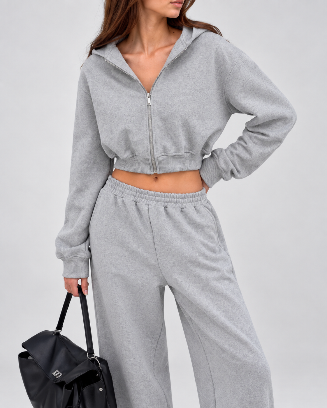 Grey Cropped Hoodie & Wide-Leg Jogger Two-Piece Set