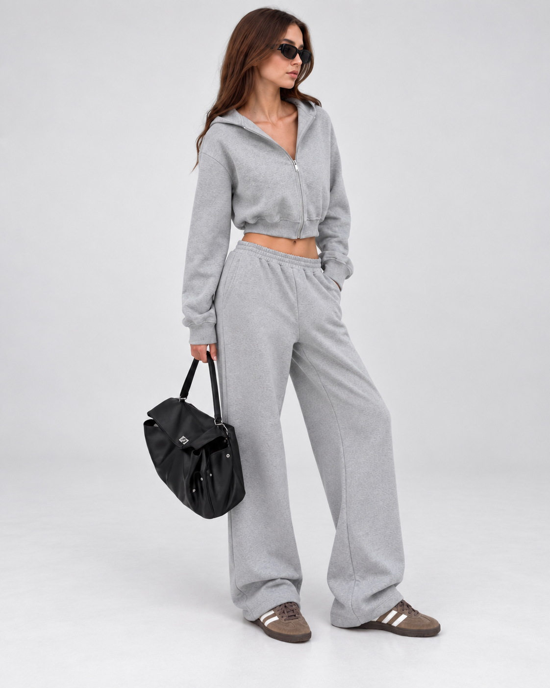 Grey Cropped Hoodie & Wide-Leg Jogger Two-Piece Set