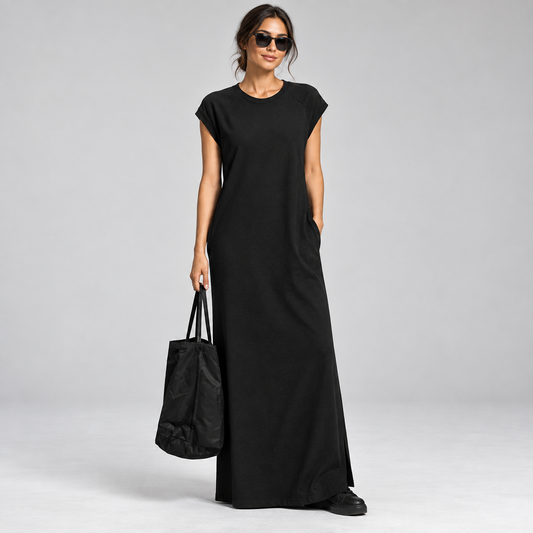 Black Relaxed Knit Maxi Dress with Side Slit