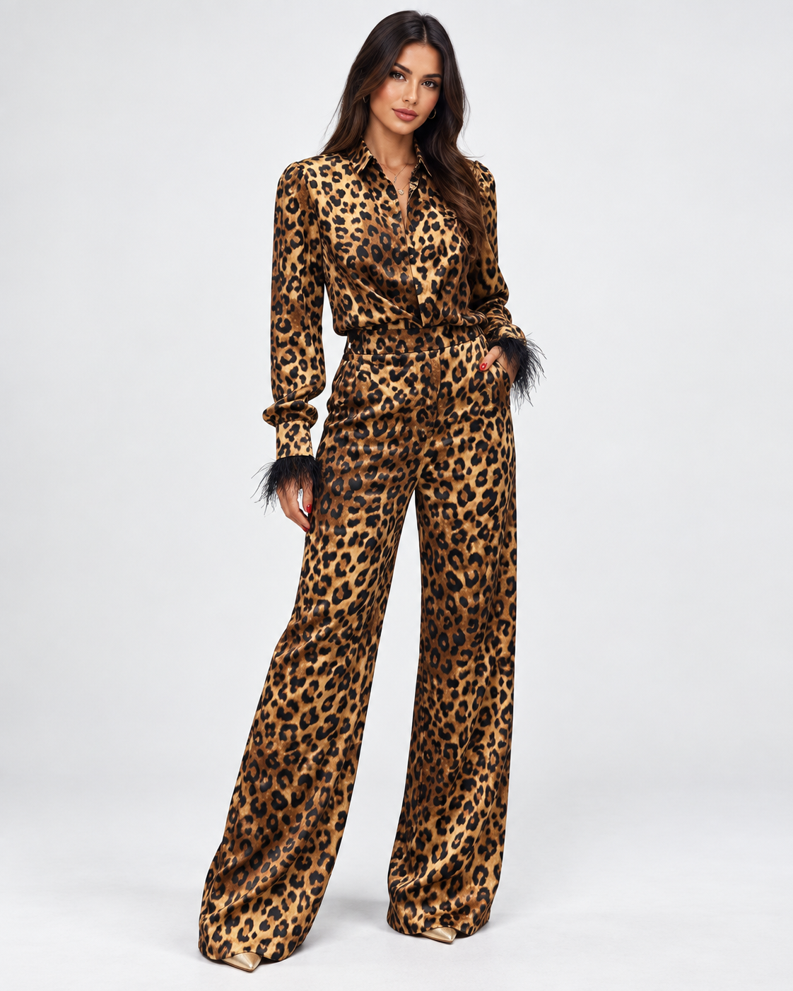 Leopard Feather-Trim Satin Two-Piece Set