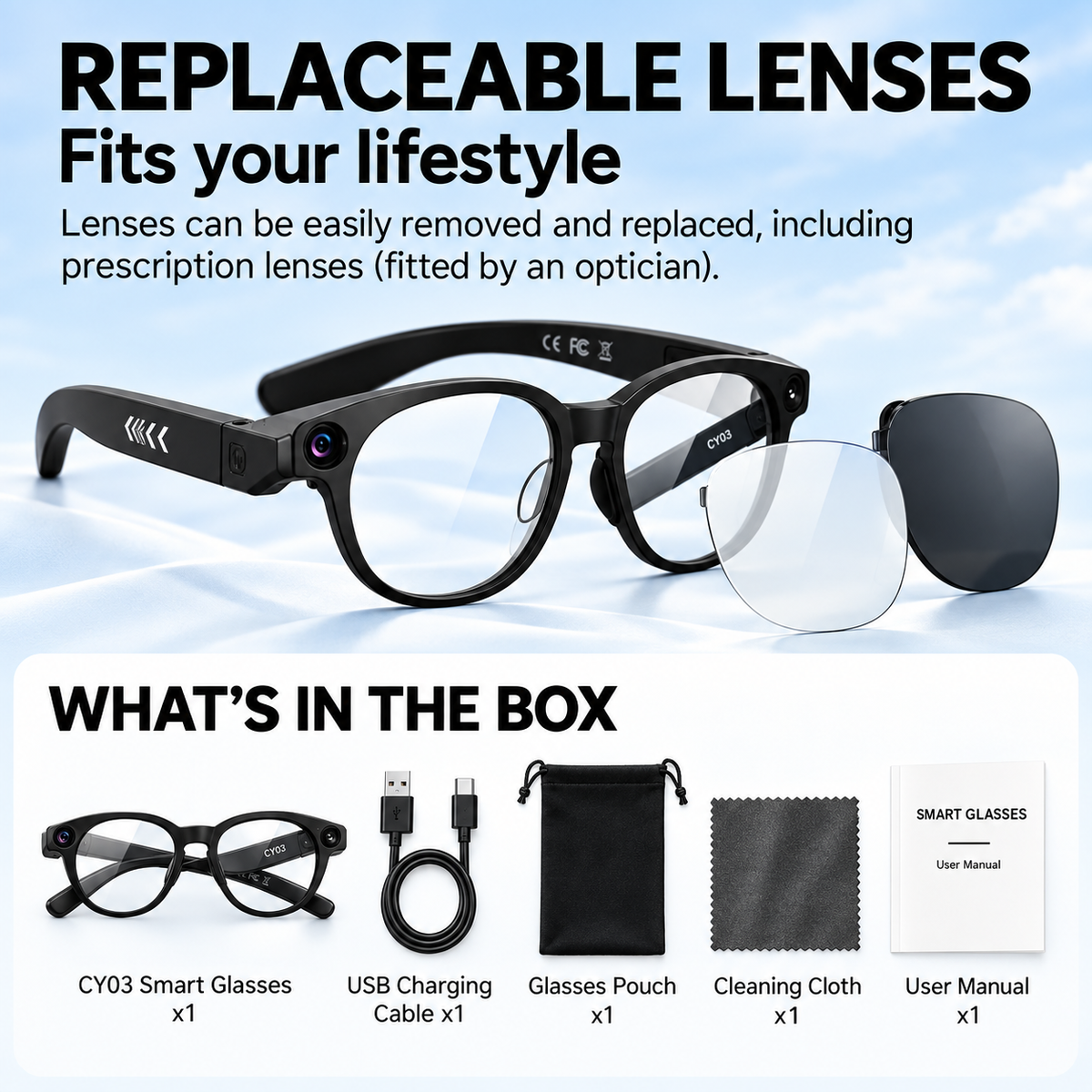 Smart Camera Glasses – Bluetooth Audio & Interchangeable Lenses